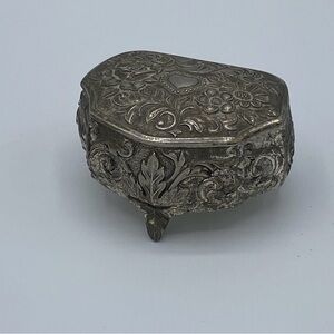 Vintage Ornate Footed Trinket Box Silver Tone Floral Relief W/ Red Velvet Lining